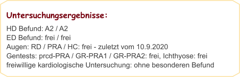 Untersuchungsergebnisse:  HD Befund: A2 / A2                                                                          ED Befund: frei / frei Augen: RD / PRA / HC: frei - zuletzt vom 10.9.2020 Gentests: prcd-PRA / GR-PRA1 / GR-PRA2: frei, Ichthyose: frei freiwillige kardiologische Untersuchung: ohne besonderen Befund