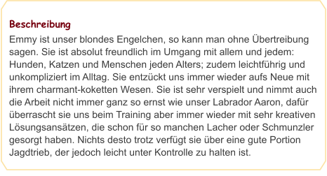 Beschreibung Emmy ist unser blondes Engelchen, so kann man ohne Übertreibung sagen. Sie ist absolut freundlich im Umgang mit allem und jedem: Hunden, Katzen und Menschen jeden Alters; zudem leichtführig und unkompliziert im Alltag. Sie entzückt uns immer wieder aufs Neue mit ihrem charmant-koketten Wesen. Sie ist sehr verspielt und nimmt auch die Arbeit nicht immer ganz so ernst wie unser Labrador Aaron, dafür überrascht sie uns beim Training aber immer wieder mit sehr kreativen Lösungsansätzen, die schon für so manchen Lacher oder Schmunzler gesorgt haben. Nichts desto trotz verfügt sie über eine gute Portion Jagdtrieb, der jedoch leicht unter Kontrolle zu halten ist.